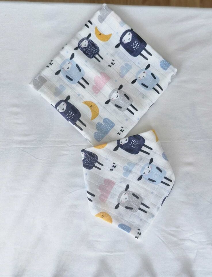 Müslin örtü + Müslin Bebek Önlüğü Kuzu Desen 115